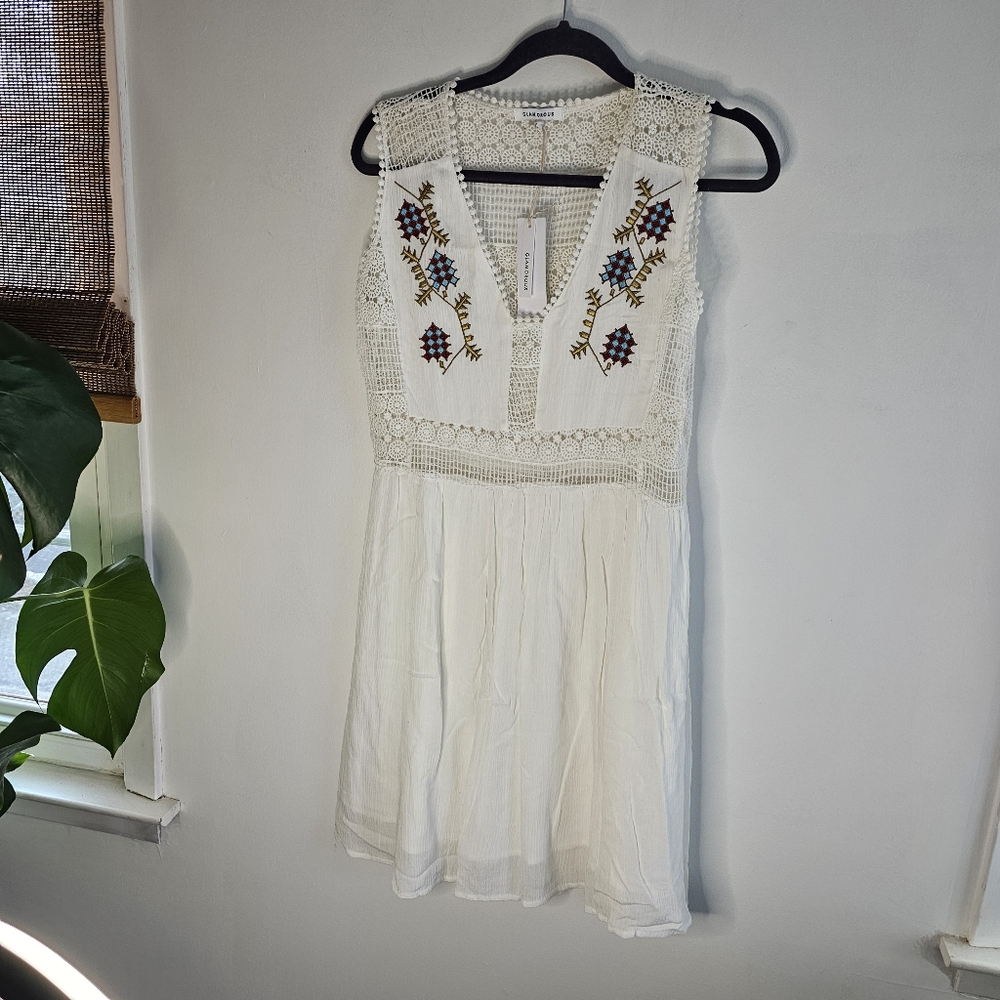 NWT Glamorous White Embroidered Crochet Boho Mini Dress Large